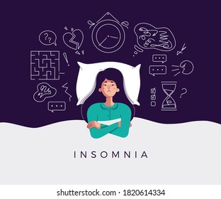 Young Woman Suffers From Insomnia Cause Of Mental Problems, Insomniac Ideas. Girl Lying In Bed, Thinking About Deadline, Upset Event, Can Not Relax. Character Vector Illustration In Flat Cartoon Style