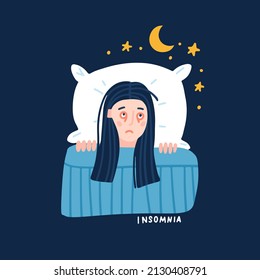 Young woman suffers from insomnia cause of mental problems, insomniac ideas. Top view tired girl lying in bed, thinking about deadline, upset event, can not relax. Flat ahnd drawn vector illustration