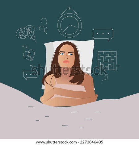 A young woman suffers from insomnia, the cause of mental problems, insomnia of ideas. The girl lies in bed, thinking about the deadlines, an upset event, cannot relax. Vector illustration of character