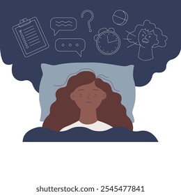 Young woman suffers from insomnia. Mental problems. Girl lying in bed, thinking about deadlines, work duties, upset day, can not relax. Modern vector illustration isolated on white background