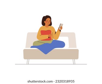 Young woman suffers from sleep disorder and uses phone in bed. Teenager girl surfing internet by mobile in the bedtime. Gadget addiction concept. Vector illustration