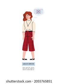 A young woman suffers from weakness due to loss of appetite. Food poisoning or flu. Vector isolated illustration.