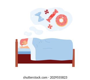 Young woman with sugar addiction dream about sweet desserts lying in bed. Female person addict to yummy junk food and having unhealthy habits. Flat cartoon vector illustration.