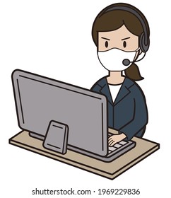 A young woman in a suit answering a phone call while typing on a computer. Call center, mask, angry, diagonal
