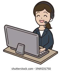 A Young Woman In A Suit Answering A Phone Call While Typing On A Computer. Call Center, Remote Work, Smile, Diagonal