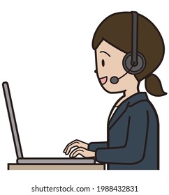 A young woman in a suit answering a phone call while typing on a computer. Call center, remote work, smile, sideways, profile