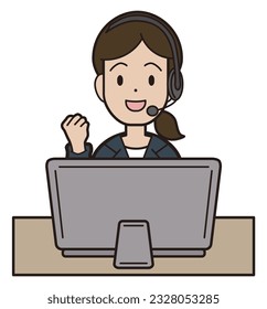 A young woman in a suit answering the phone while typing on a computer call center remote work smiling goo