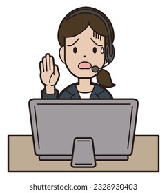 A young woman in a suit answering the phone while typing on a computer call center remote work confused