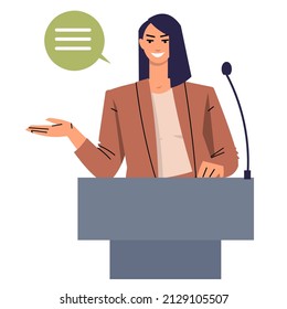 Young Woman In A Suit Behind The Podium During A Speech. Smiling Female Leader In Public Speaking. Businesswoman Presentation. Flat Vector Isolated On A White Background.