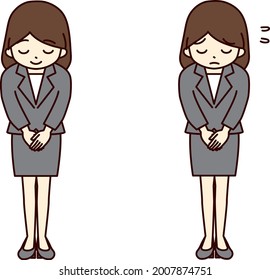 Young woman in suit bowing. Pose to express greetings and apologies.