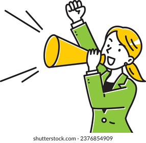 A young woman in a suit cheering with a megaphone