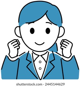 A young woman in a suit doing a fist pump.