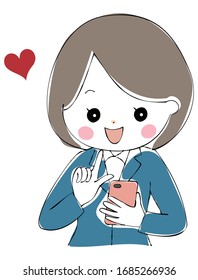 A young woman in a suit happily operating a smartphone