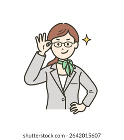 A young woman in a suit holding up her glasses and smiling confidently