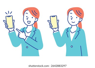 A young woman in a suit holding a smartphone and looking at this