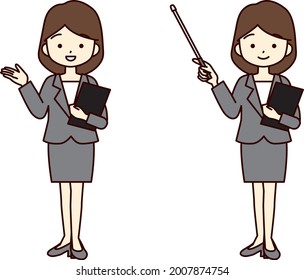 Young woman in a suit with a pointer and binder.