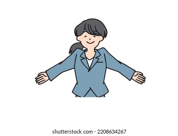 A young woman in a suit relaxing with her arms outstretched Illustration of a person in simple lines