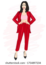 Young woman in a suit and shoes. Red jacket and pants. Slender and stylish girl is standing. Fashionable office wear. Vector stock illustration on a white background. Isolate on white.