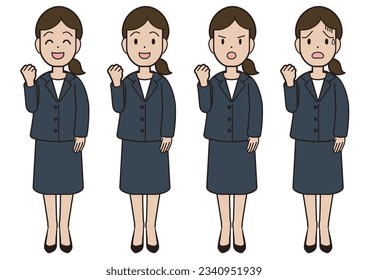 A young woman in a suit who makes a guts pose Goo pose facial expression pattern