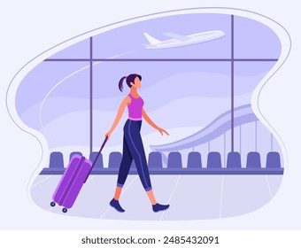 Una joven con una maleta en el aeropuerto con el telón de fondo de un avión que despegaba. El concepto de viajes aéreos, viajes, turismo, vacaciones, viajes de negocios. Ilustración vectorial en color azul y rosa