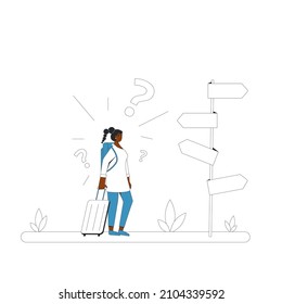Young woman with suitcase. Confused person thinking about the right path. Vector illustration in line art style.