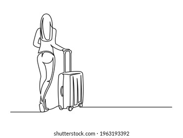 Young woman with suitcase continuous one line drawing. Travel concept. Woman traveler and suitcase isolated on white background. Vector illustration