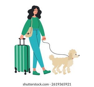 Young woman with suitcase and dog. Poodle on leash at young woman. Vector illustration of Traveling with animals concept. Isolated on white background.