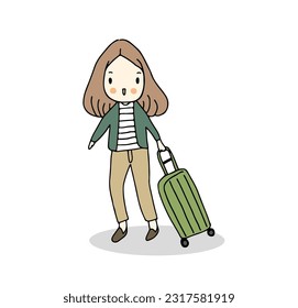 Young woman with a suitcase go to travel, hand drawn style vector