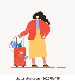 A young woman with a suitcase goes on a trip. Cute female cartoon character waiting for the flight. Colored vector illustration flat style 