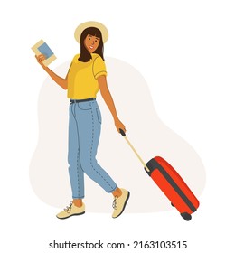 Young Woman with a Suitcase goes on vacation. Girl with a Suitcase and a passport with boarding pass tickets. Travel concept, flat vector illustration.	