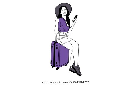 Young Woman with a Suitcase goes on vacation. Girl with a Suitcase. Travel concept, flat vector illustration.