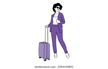 Young Woman with a Suitcase goes on vacation. Girl with a Suitcase. Travel concept, flat vector illustration.