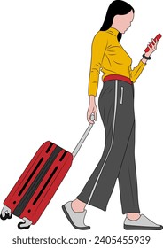 Young Woman with a Suitcase goes on vacation. Girl with a Suitcase with mobile. Travel concept, flat vector illustration.