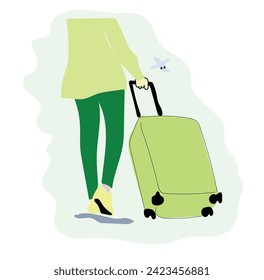 Young Woman with a Suitcase goes on vacation. Girl with a Suitcase. Travel concept, flat vector illustration. Airline flight transportation, airport x ray checkpoint inspection. Vacation concept.