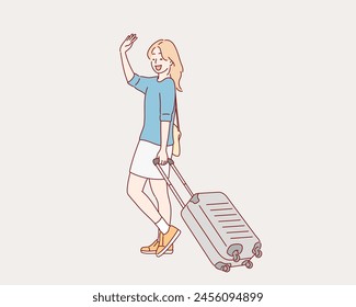 Young Woman with a Suitcase goes on vacation. Hand drawn style vector design illustrations.