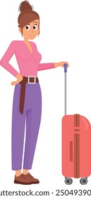 Young woman with suitcase going on a trip. Cartoon character