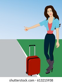 Young woman with suitcase hitchhiking on roadside. Hitchhiking woman trying to stop a car on a highway. Woman catching taxi car. Vector.