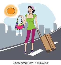  young  woman with suitcase, illustration in vector format
