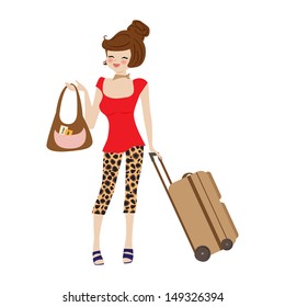  young  woman with suitcase, illustration in vector format