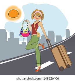  young  woman with suitcase, illustration in vector format