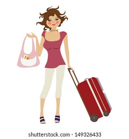  young  woman with suitcase, illustration in vector format