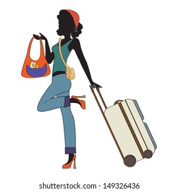  young  woman with suitcase, illustration in vector format