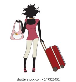  young  woman with suitcase, illustration in vector format
