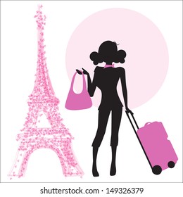  young  woman with suitcase in Paris, illustration in vector format