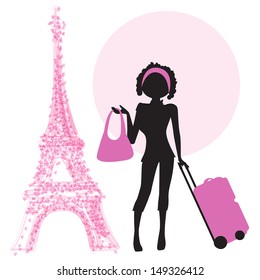  young  woman with suitcase in Paris, illustration in vector format