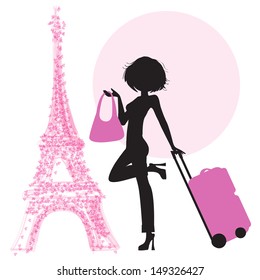  young  woman with suitcase in Paris, illustration in vector format