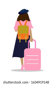 Young woman with suitcase. Solo travel girl. Traveling/ Travelling concept. Holiday. Flat character design. Flat illustration.