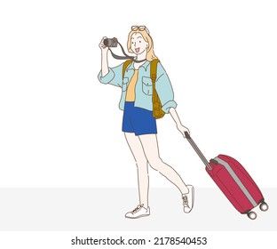 Young woman with suitcase walking to vacation travel, Travel concept. Hand drawn in thin line style, vector illustrations.