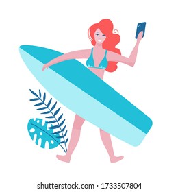 Young woman in summer beach outfit making selfie, enjoying vacations, tanned skin, sport apparel. Vector flat style cartoon illustration, isolated, white background