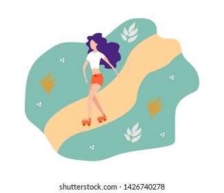 Young woman in summer clothes rides on roller skates. Girl expresses happiness and joy. Summer time beach illustration in vector. 